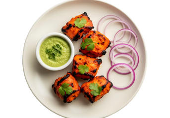 Delicious indian chicken tikka appetizer with mint chutney and red onion rings isolated on transparent background