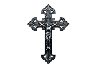 Ornate gothic crucifix with jesus christ figure detailed metalwork isolated on transparent background