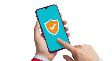 Isolated hand interacting with phone, screen displays a secure application interface icon.