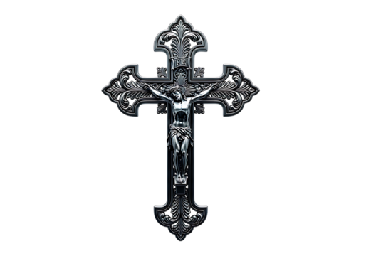 Ornate gothic crucifix with jesus christ figure detailed metalwork isolated on transparent background - Powered by Adobe