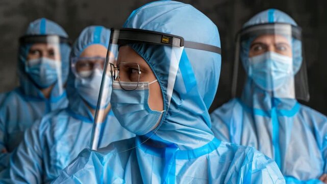 Healthcare workers in protective gear standing together in a clinical setting during a health crisis