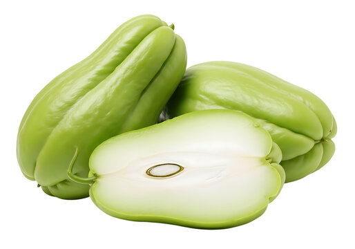 Three fresh green chayote squash one cut in half revealing the seed isolated on transparent background