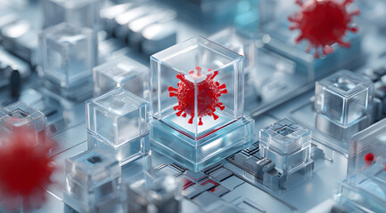 Microscopic scenes of viruses and laboratory vessels