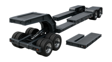 Modular lowboy trailer featuring interchangeable decks and hydraulic steering.