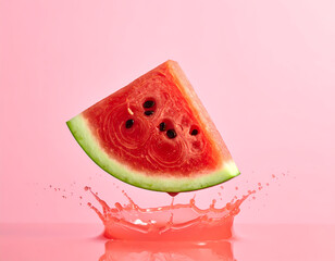 Fresh Slice Watermelon Splash Against Pale Pink Backdrop Studio Composition
