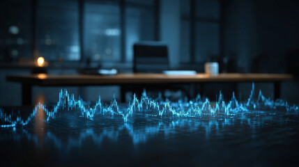 Hyperrealistic digital financial graphs float above a desk, showing charts, lines, and data streams in 3D, symbolizing analytics, finance, and futuristic business technology.