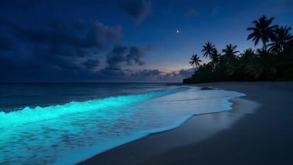 Serene tropical beach at twilight with gentle waves lapping the shore under a starry sky and crescent moon - Powered by Adobe