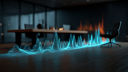 Hyperrealistic digital financial graphs float above a desk, showing charts, lines, and data streams in 3D, symbolizing analytics, finance, and futuristic business technology.
