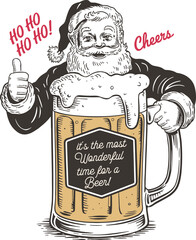 Santa Claus Holding Beer Mug with Funny Holiday Quote "It’s the Most Wonderful Time for a Beer" – Christmas Humor Typography Design for T-Shirts, Cards, Barware, and Festive Gifts
