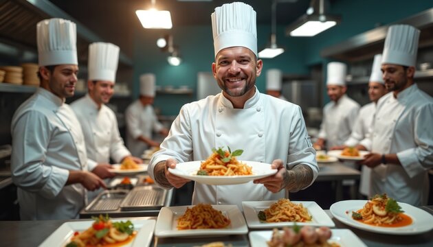 Smiling head chef proudly presents new pasta dish to camera. Kitchen staff works in background, preparing, plating food. Team of cooks creates delicious meals in busy restaurant kitchen. Culinary