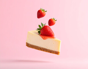 Minimalist Delicious Cheesecake Slice with Fresh Strawberry Topping on Pink Background