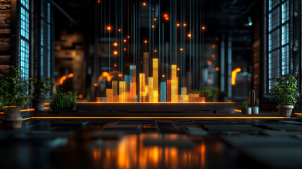 Hyperrealistic digital financial graphs float above a desk, showing charts, lines, and data streams in 3D, symbolizing analytics, finance, and futuristic business technology.