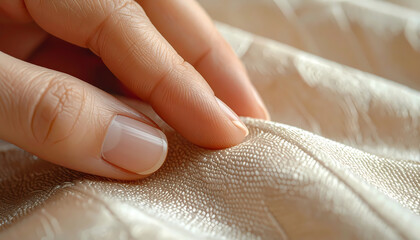 Close-up Delicate Woman's Hand Touching Soft Silky Fabric Material