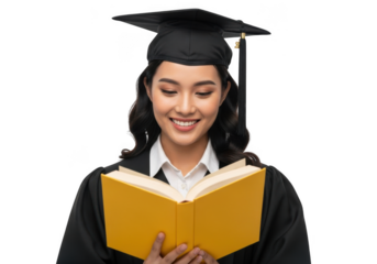 Young woman graduate smiling reading a book wearing a graduation cap and gown isolated on transparent background