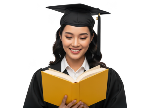 Young woman graduate smiling reading a book wearing a graduation cap and gown isolated on transparent background