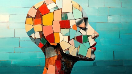 Surreal woman with sharp, angular facial features, body divided into geometric pieces, creating a distorted, dreamlike appearance.