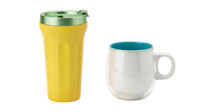 Isolated ceramic mug and drink cup, two different shapes, bright yellow and light blue, lifestyle