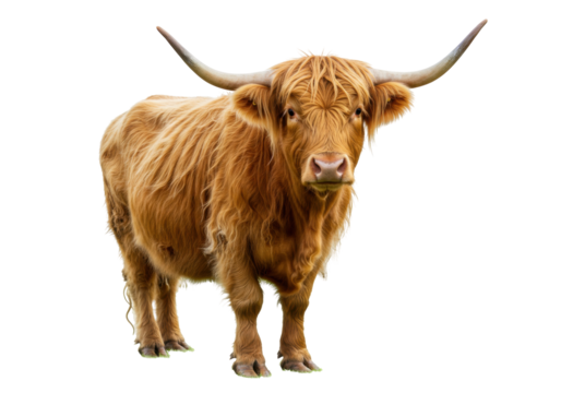 Isolated Highland cow looking forward with fluffy hair and curved horns facing the viewer