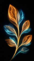 A surreal glowing plant with luminous leaves and stems radiates soft light in a dark abstract environment, evoking a futuristic and otherworldly botanical concept.
