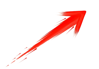 Vibrant red brush stroke arrow pointing upwards and to the right isolated on transparent background
