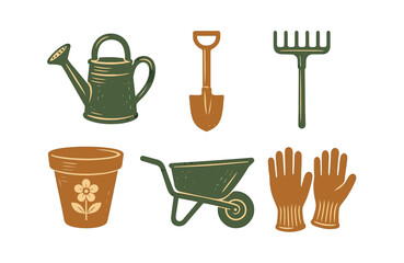 Vintage gardening tools collection: watering can, shovel, rake, planter, wheelbarrow, gloves.Colorful icons set illustrated