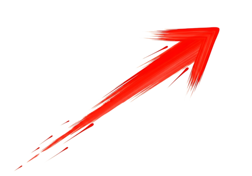 Vibrant red brush stroke arrow pointing upwards and to the right isolated on transparent background