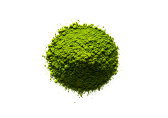 A vibrant green mound of finely ground matcha powder isolated on transparent background