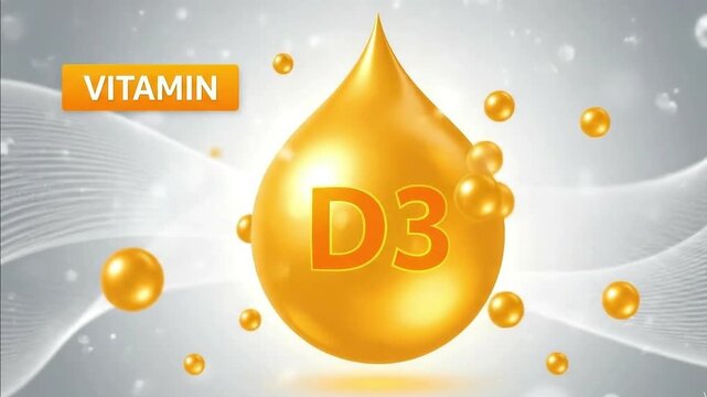 Vibrant depiction of a glistening golden Vitamin D3 drop, representing vital health benefits, bone strength, and immune system support through essential nutrients
