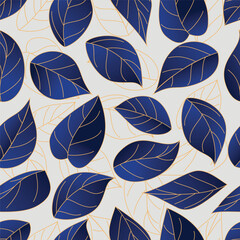 Summer tropical seamless pattern with blue leaves, gold outline tropical plants. floral print, vector illustration.	

