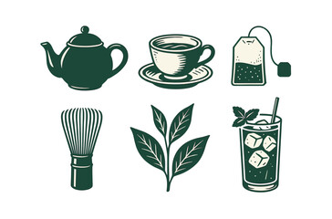 Vintage tea set with teapot, cup, tea bag, whisk, leaves, and iced tea glass.Colorful icons set illustrated