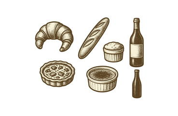 Vintage french bakery and wine: croissant, baguette, tart, bottles.Colorful icons set illustrated