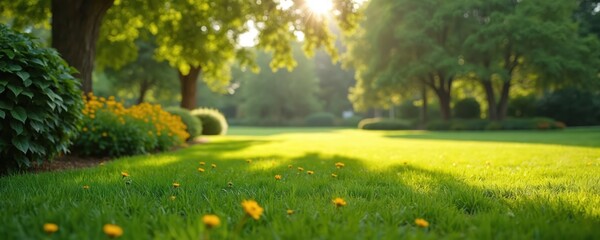 Green lawn with yellow flowers, shrubs in sunlight. Manicured grass field with trees. Beautiful landscaping in garden backyard. Outdoor park scene. Summer season. Tranquil nature background. Peaceful