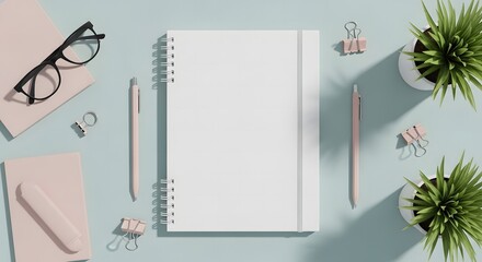 Flat lay of a desk with notebook, glasses, pen, and plants