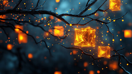 A tree branch twisting and transforming into glowing geometric shapes, blending organic curves with luminous polygons, creating a surreal, futuristic natural-art fusion.