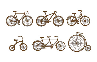 Variety of bicycle types: road, mountain, tandem, vintage, and children's designs.Colorful icons set illustrated