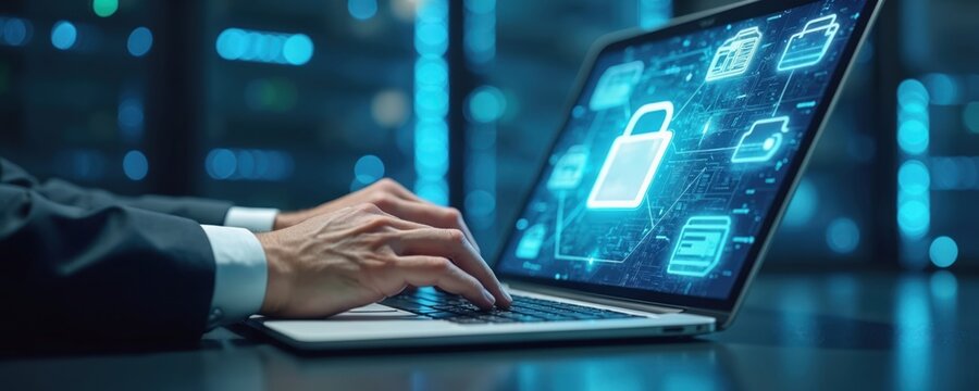 Person works on laptop in server room. Screen displays digital security with padlock icon. Man using computer for data protection, online safety, cyber security. Database and software are in use.