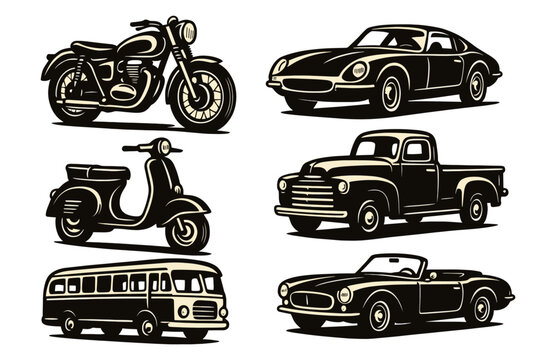 Vintage vehicles: classic car, motorcycle, scooter, truck, bus, convertible.Colorful icons set illustrated