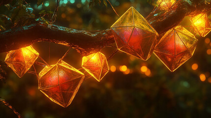 A tree branch twisting and transforming into glowing geometric shapes, blending organic curves with luminous polygons, creating a surreal, futuristic natural-art fusion.