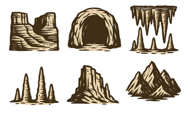 Illustrated caves and rock formations with stalagmites and stalactites.Colorful icons set illustrated