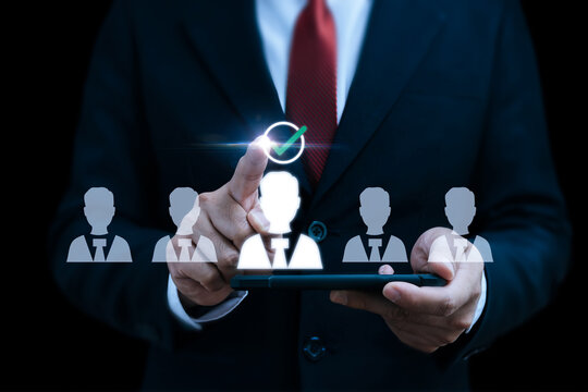 businessman searching for employee on digital document on mobile smartphone, job interview, team leader, document file management, digital marketing, human resource management technology concept