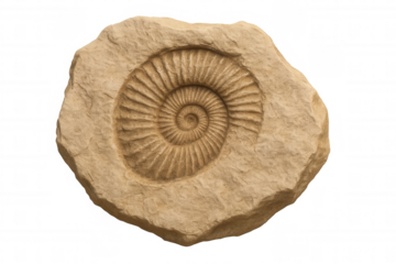 Ammonite fossil in rock revealing ancient spiral organism pattern on transparent background