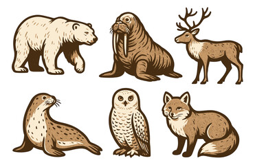 Fototapeta premium Arctic animals illustration: polar bear, walrus, reindeer, seal, owl, fox.Colorful icons set illustrated