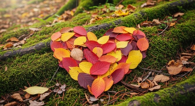 Heart shape made of colorful autumn leaves on mossy ground a symbol of love and nature perfect for seasonal designs and romantic themes