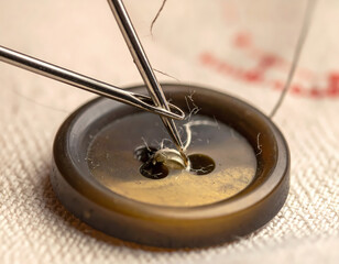 Macro Detailed Sewing Needle Passing Through Button Hole on Fabric