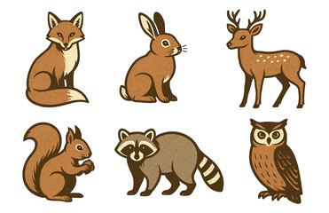 Naklejka premium Woodland animals illustration: fox, rabbit, deer, squirrel, raccoon, owl.Colorful icons set illustrated
