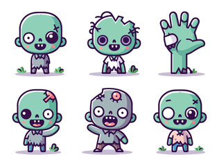 Cartoon Green Zombie Illustration Set for Cute Horror Design and Digital Stickers