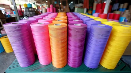Colorful spools of thread displayed at a local market during the daytime in a vibrant setting