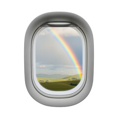 Rainbow Over Rolling Hills Seen Through Airplane Window - Hope and Travel