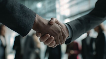 Close up of two diverse business partners shaking hands, making an agreement, closing a deal, showing partnership or greeting each other in a modern office environment with colleagues on a background.