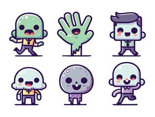 Halloween Kawaii Zombie Character Collection in Minimal Flat Illustration Style